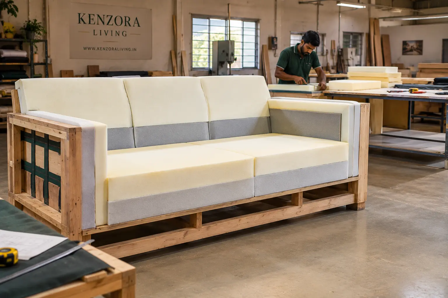 Custom sofa cushion and internal construction at Kenzora Living workshop