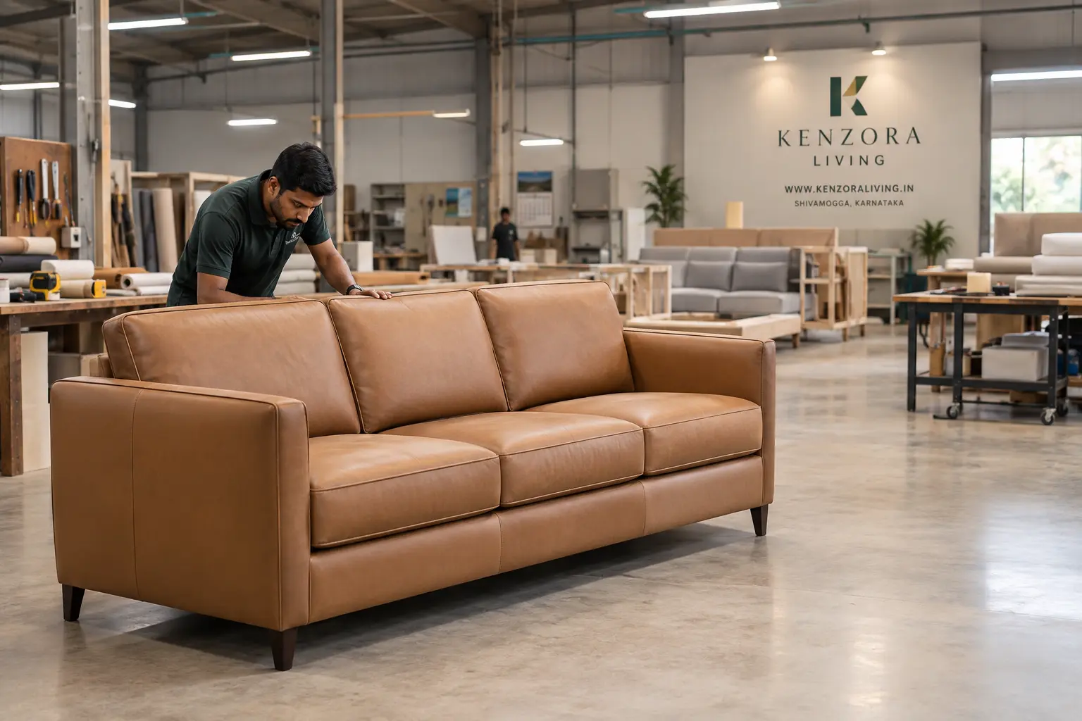 Final assembly and inspection of a manufactured sofa at Kenzora Living workshop