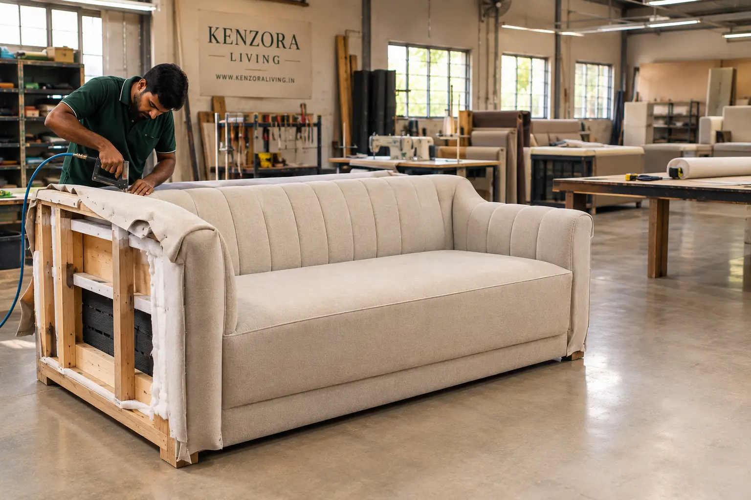 Custom sofa upholstery manufacturing at Kenzora Living workshop