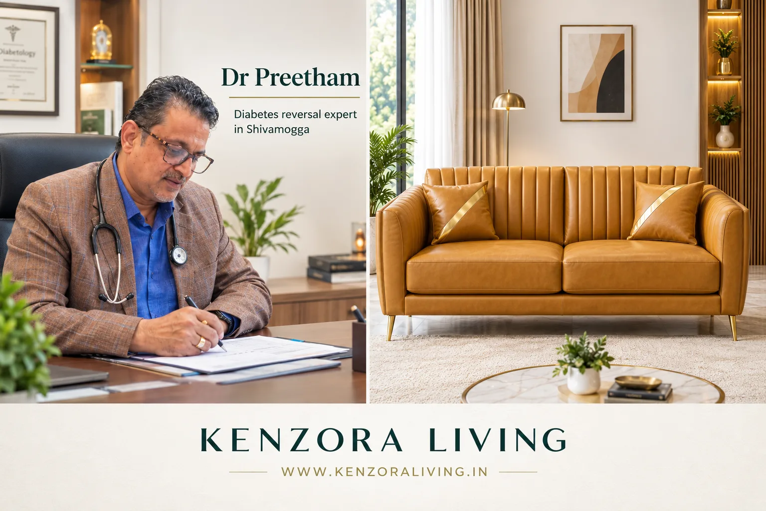 Custom sofas and cushion seating manufactured by Kenzora Living for Dr. Preetham's home in Shivamogga